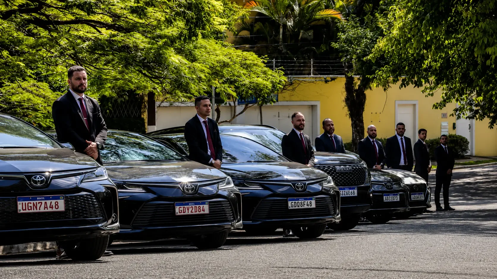 Frota da GS Prime: sedans executivos pretos alinhados com a equipe de motoristas de terno ao lado de cada carro.